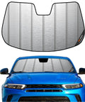 Custom Fit Windshield Sun Shade For Dodge Hornet 2023 To 2025 Gt Rt Plus Hybrid Metallic Silver No Flip Accordion Design installed.