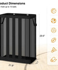 Ball Storage Organizer Basket For Garage, Gym, Or Playroom, Wall Mounted Or Freestanding Holder dimensions showing 15 ball capacity