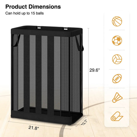Ball Storage Organizer Basket For Garage, Gym, Or Playroom, Wall Mounted Or Freestanding Holder dimensions showing 15 ball capacity