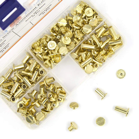 Heavy Duty Golden Chicago Screw Rivets Assortment Kit For Leather Craft And Bookbinding in a clear storage box.