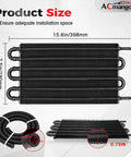 6 Pass Ultra Cool Tube and Fin Transmission Cooler For Engine Oil And Transmission Cooling, dimensions and features shown.