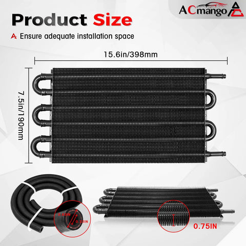 6 Pass Ultra Cool Tube and Fin Transmission Cooler For Engine Oil And Transmission Cooling, dimensions and features shown.