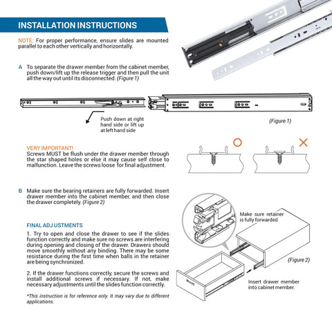 Installation diagram for 28 Inch Full Extension Soft Close Drawer Slides With Ball Bearing For Heavy Duty Cabinets, 100 Lb Capacity, Smooth Quiet Close, Easy Install.