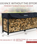 Heavy Duty Firewood Rack For Outdoor And Indoor Use Eight Foot Raised Lumber Storage Holds Half Cord Of Logs About Sixty Four Cubic Feet Keeps Firewood Dry And Ready With Built To Last Steel Construction And Weather Cover shown filled with logs and covered.