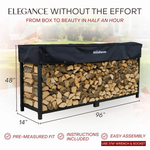 Heavy Duty Firewood Rack For Outdoor And Indoor Use Eight Foot Raised Lumber Storage Holds Half Cord Of Logs About Sixty Four Cubic Feet Keeps Firewood Dry And Ready With Built To Last Steel Construction And Weather Cover shown filled with logs and covered.