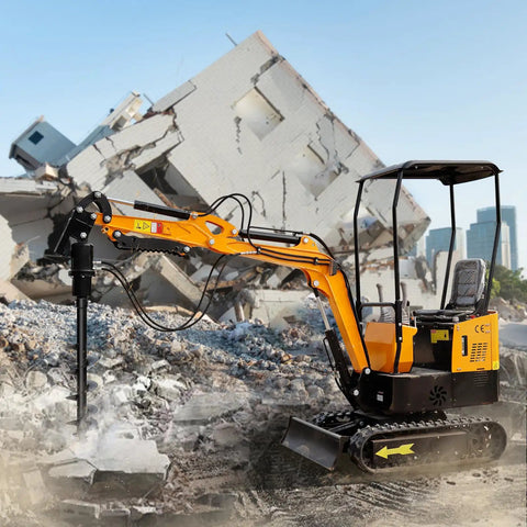 Mini excavator with 6 inch auger drill for demolition site, equipped with 2 hydraulic hoses and detachable drill rod