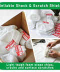 15.75 Inch By 160 Foot Foam Roll For Packing And Moving, Cushion Wrap For Fragile Glassware And Dishes, Protective Packing Material With 70 Fragile Stickers displayed in a box and a workspace.