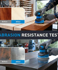 Abrasion resistance test with 72 Piece 5 Inch 8 Hole Hook And Loop Sanding Discs Set For Random Orbital Sander With Adhesive Backing Assorted Grits 40 60 80 120 180 240 320 Easy Attach Sandpaper For Fast Finishing And Polishing on wood and metal surfaces.