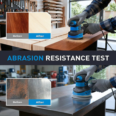 Abrasion resistance test with 72 Piece 5 Inch 8 Hole Hook And Loop Sanding Discs Set For Random Orbital Sander With Adhesive Backing Assorted Grits 40 60 80 120 180 240 320 Easy Attach Sandpaper For Fast Finishing And Polishing on wood and metal surfaces.