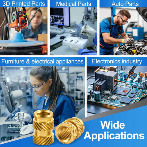 Collage showing applications of 400 Pcs Brass Heat Set Threaded Inserts Kit For Plastic And 3D Printing, M2 To M6 Knurled Female Threaded Nuts.