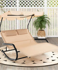 Two Person Outdoor Lounge Chair With Adjustable Canopy, Wheels, Detachable Pillows, Extra Large Double Patio Hammock Bed on a deck
