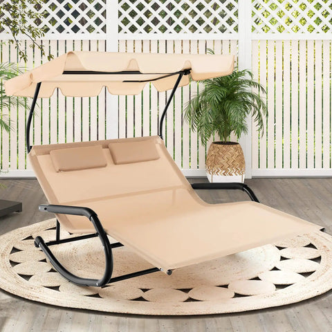 Two Person Outdoor Lounge Chair With Adjustable Canopy, Wheels, Detachable Pillows, Extra Large Double Patio Hammock Bed on a deck