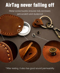 Detailed view of Premium Handmade Genuine Leather AirTag Holder And Keychain With Heavy Duty Rings, showing screw-buckle and stitching.