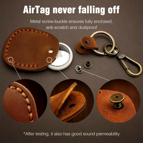 Detailed view of Premium Handmade Genuine Leather AirTag Holder And Keychain With Heavy Duty Rings, showing screw-buckle and stitching.