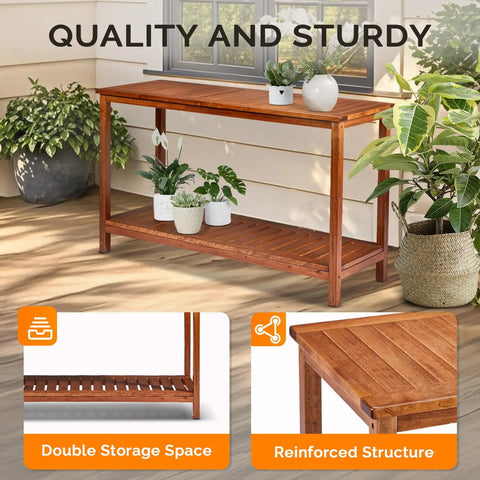 Solid Wood Outdoor Console Table With Two Tier Design For Patio Porch And Entryway Natural PU Lacquer Finish Weather Resistant
