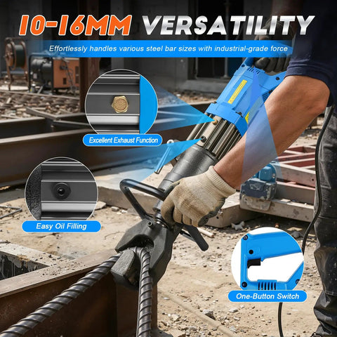Heavy Duty 1400W Electric Hydraulic Rebar Bender For 10-16mm Steel Bars in use, showcasing adjustable features and grip on steel bars.
