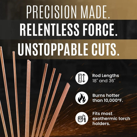 Heavy Duty Prime Cut Exothermic Cutting Rods for Exothermic Torch Kits, industrial-grade, displayed with rod lengths and burning information.