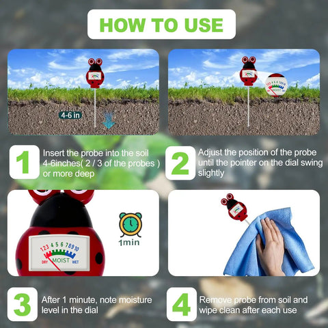 Battery Free Soil Moisture Meter For Houseplants And Outdoor Gardens Hygrometer Sensor Plant Water Meter And Soil Test Kit For Farm Lawn Indoor And Outdoor Use Must Have Gardening Gift For Plant Care, 4-6 in probe use guide