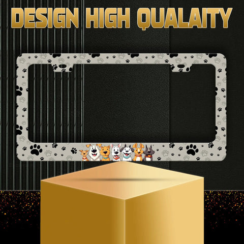 Personalize Dog License Plate Frame With Paw Prints, Stainless Steel Car Decor For US Standard Plates, front view with dog graphics.