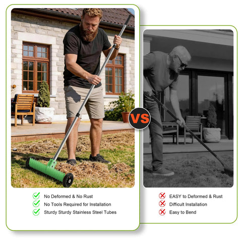 Man using Thatch Rake For Lawn 15 Inch Dethatcher With Smooth Rolling Wheels Adjustable 0 To 15 Degrees 38 To 68 Inch Handle