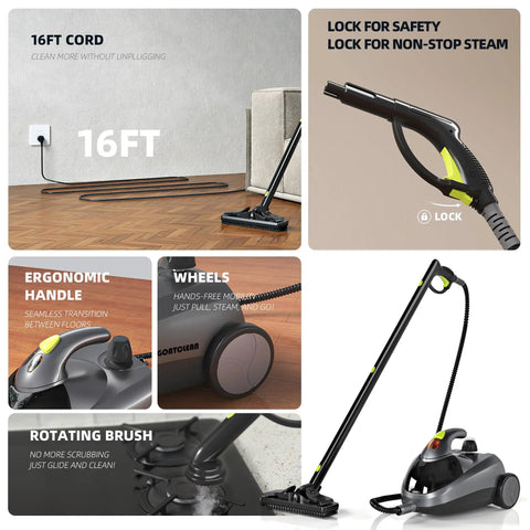 Heavy Duty Steam Cleaner For Home 1500W High Pressure Canister Steamer with 16ft cord and ergonomic handle for easy use.