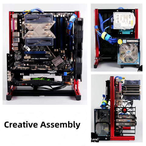 Open Air Aluminum PC Frame Test Bench For ITX ATX MATX Builds Universal DIY Computer Motherboard Rack Water Cooling Ready Rig Stand For Custom Builds And Upgrades with installed components and wiring.