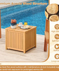 2 In 1 Outdoor Side Table With Storage In Acacia Wood Slatted Design With Umbrella Hole And Removable Base Square End Storage Box