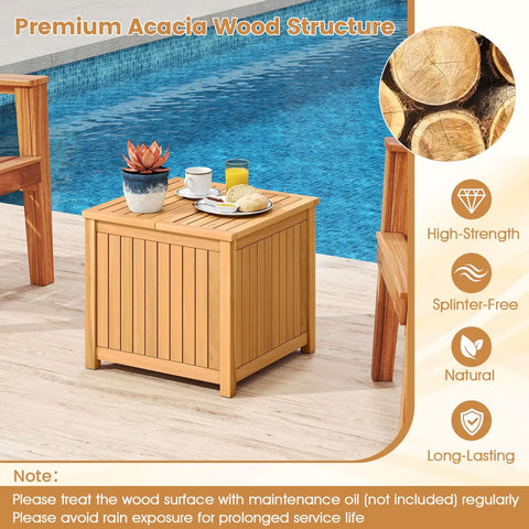 2 In 1 Outdoor Side Table With Storage In Acacia Wood Slatted Design With Umbrella Hole And Removable Base Square End Storage Box