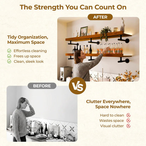 Woman organizing with Industrial Pipe Shelf Brackets 6.7 Inch Set Of 6 Iron L Pipe Shelving Wall Floating Brackets