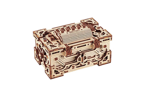 Enigma Chest 3D Wooden Puzzle Box For Adults To Build Natural Wood Escape Room Challenge With 504 Pieces No Glue Required Codes And Secret Locks Stress Relief Brain Teaser, angled view