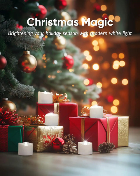 Flameless Tealight Candles With Remote Timer Battery Operated 12 Pack Warm White near Christmas tree and gifts