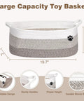 Large Dog Toy Storage Basket Rope Bin 30L For Toys And Blankets Pet Gear White And Brown 19.7 X 11 X 7.9 Inches Durable Woven Rope Organizer with handles and foldable design, shown on a diagram with dimensions.