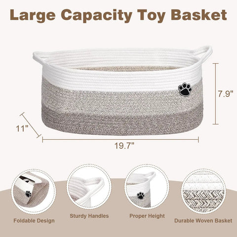 Large Dog Toy Storage Basket Rope Bin 30L For Toys And Blankets Pet Gear White And Brown 19.7 X 11 X 7.9 Inches Durable Woven Rope Organizer with handles and foldable design, shown on a diagram with dimensions.