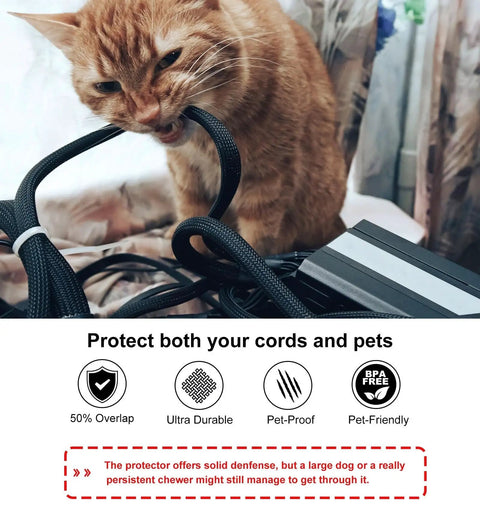 Pet Proof Cord Protector With Split Design For No Chew Cords, 10 Feet Long And Half Inch Wide, Black, Ultra Durable Bite Resistant PET Material, Easy To Install And Cut To Length For Any Indoor Setup; cat biting cord