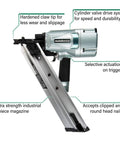 Framing Nailer For Pro Builders, Lightweight Pneumatic Power Tool Built For Floor Wall And Roof Decking, Pro Grade Beast, with features labeled.
