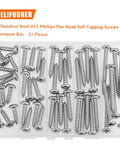Top Shelf Size 12 Phillips Pan Head Wood Screws, Heavy Duty 304 Stainless Self Tapping Assortment Kit in clear case.