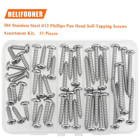 Top Shelf Size 12 Phillips Pan Head Wood Screws, Heavy Duty 304 Stainless Self Tapping Assortment Kit in clear case.