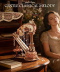 3D Wooden Puzzle Harp Music Box With Mechanical Movement Building Kit on wooden table, laser-cut wood desk decor