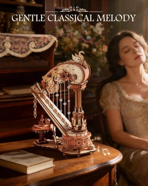 3D Wooden Puzzle Harp Music Box With Mechanical Movement Building Kit on wooden table, laser-cut wood desk decor