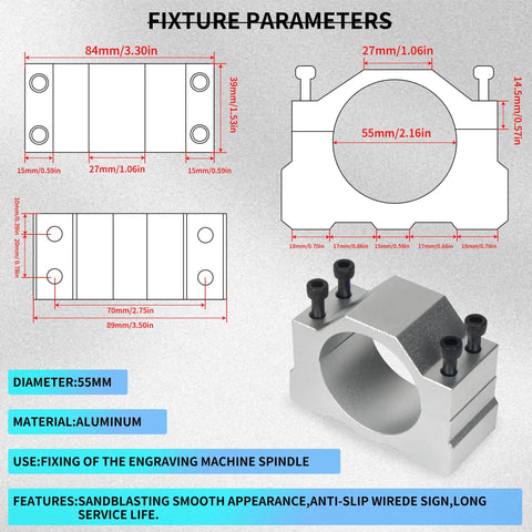 Aluminum clamp mount dimensions and features for Beefy Air Cooled DC Brushless Spindle Motor Kit For CNC Router
