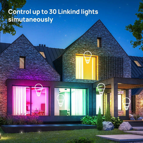 Smart WiFi LED Bulbs 6 Pack RGBW Color Changing Dimmable A19 60W Equivalent No Hub Needed Works With Alexa Google Home Remote Control App 2700K To 6500K 2nd Gen lighting up a modern house exterior with multiple colors.