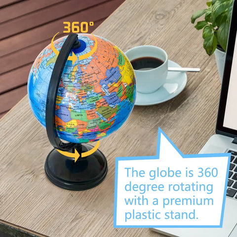 6 Inch Educational World Globe With Stand For Kids, Rotating Political World Map on desk with coffee cup and laptop
