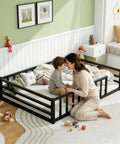 Mother and child sitting on Safe Toddler Floor Bed With Rails And Door Full Size Montessori Bed For Ages 2 To 5 Low Profile Metal Platform