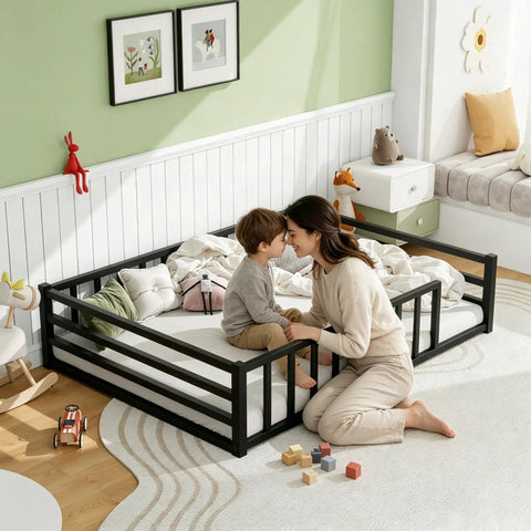 Mother and child sitting on Safe Toddler Floor Bed With Rails And Door Full Size Montessori Bed For Ages 2 To 5 Low Profile Metal Platform