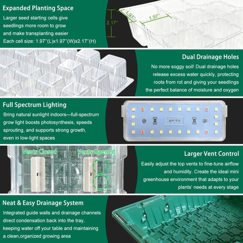 Seed Starter Tray With Grow Light And Heat Mat For Fast Germination Humidity Dome Timing Controller Adjustable Vent And Brightness