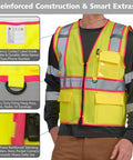 Extra Large Pink Hi Vis Safety Vest For Women Featuring Wide Reflective Tape Boss Level Day And Night Visibility, showing reinforced stitching and pockets.