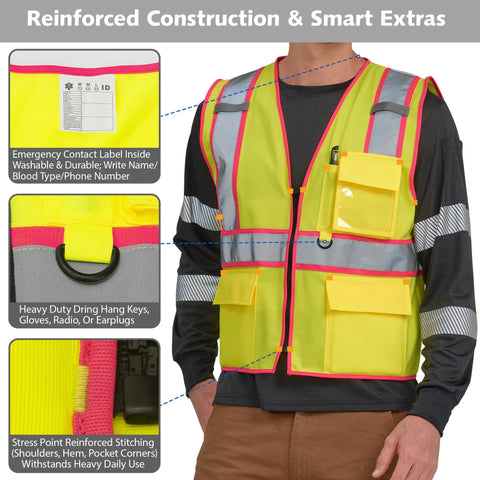 Extra Large Pink Hi Vis Safety Vest For Women Featuring Wide Reflective Tape Boss Level Day And Night Visibility, showing reinforced stitching and pockets.