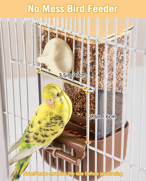 Slick Automatic Bird Feeder With Sturdy Perch And Transparent Seed Bin, dimensions 3.5 x 2.3 in, installed in bird cage.