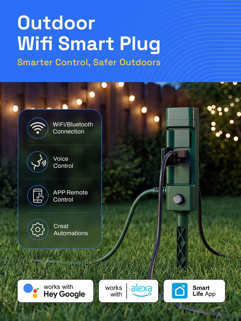 Top Notch Six Outlet Outdoor Smart Power Stake Timer Offering Slick Wifi Setup And No Fuss Voice Control Synced With Alexa And Google Home For Plug And Play Yard Automation And Garden Light Scheduling on grass with power cord.