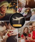 Lit 3D Airplane Illusion Night Light With Dimmable LED Wood Base, USB Powered Desk Lamp surrounded by people enjoying gifts
